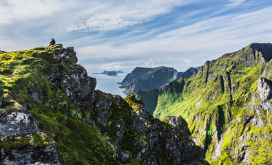Fototapeta na wymiar panoramic view from a rocky mountain on a fjord in lofoten Norway