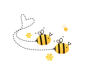 Cute bee couple with heart shaped dotted line isolated on white background vector illustration. Valentine's day.
