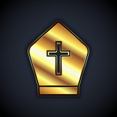Obraz premium Gold Pope hat icon isolated on black background. Christian hat sign. Vector.