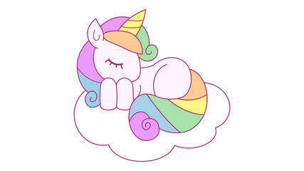 Funny cartoon unicorn character sleeping on a cloud isolated on white background. Fairy lovely pony. Children illustration. Doodle unicorn for cards, posters, t-shirt prints, textile design.