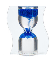 Blue hourglass isolated on white background close up