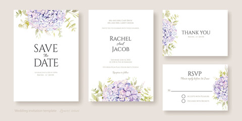 Fototapeta na wymiar Wedding Invitation, save the date, thank you, RSVP card Design template. Purple Hydrangea flowers with greenery.