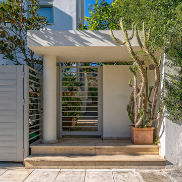 Modern House Front With Main Entrance Door And Potted Cactus Plant