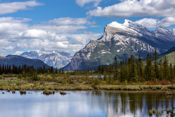 Fototapeta na wymiar Beautiful Vermilion Lakes and Banff town, Banff National Park, Canadian Rockies, Rocky Mountains, Travel Alberta, Canada, North America