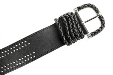 Wide black leather belt on white background.