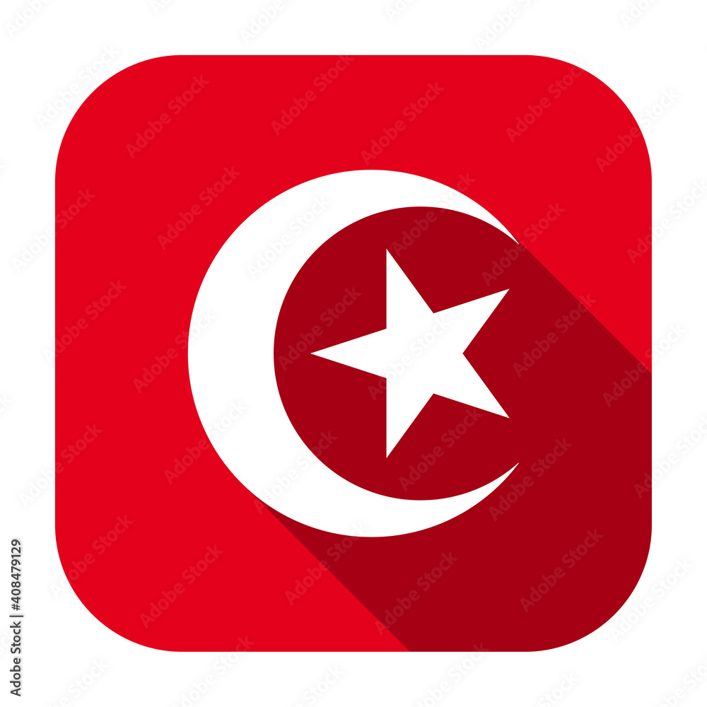 Poster red flat rounded square national emblem of tunisia icon, button with long shadow isolated on a white