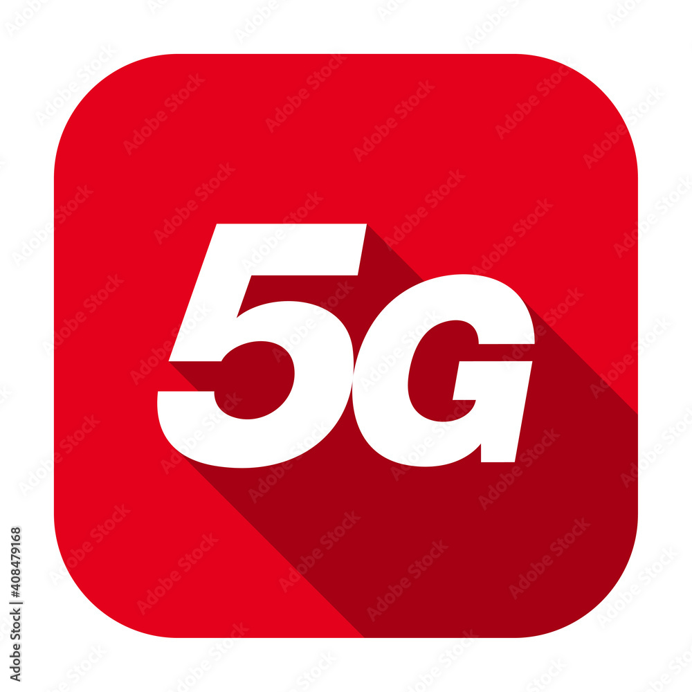 Aufkleber red flat rounded square 5g icon, button with long shadow isolated on a white background. vector illu