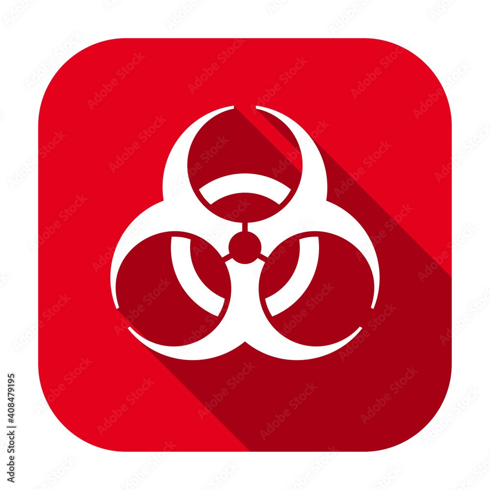 Poster red flat rounded square biological hazard icon, button with long shadow isolated on a white backgrou