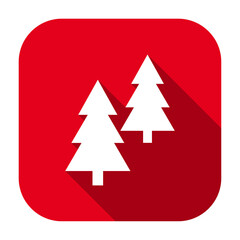 Obraz premium Red flat rounded square coniferous trees icon, button with long shadow isolated on a white background. Vector illustration.