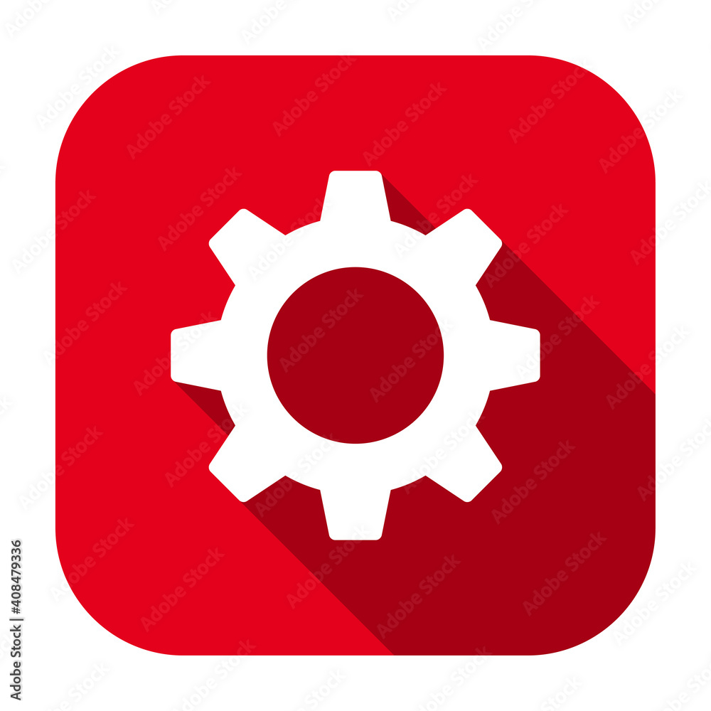 Poster red flat rounded square gear wheel, settings icon, button with long shadow isolated on a white backg