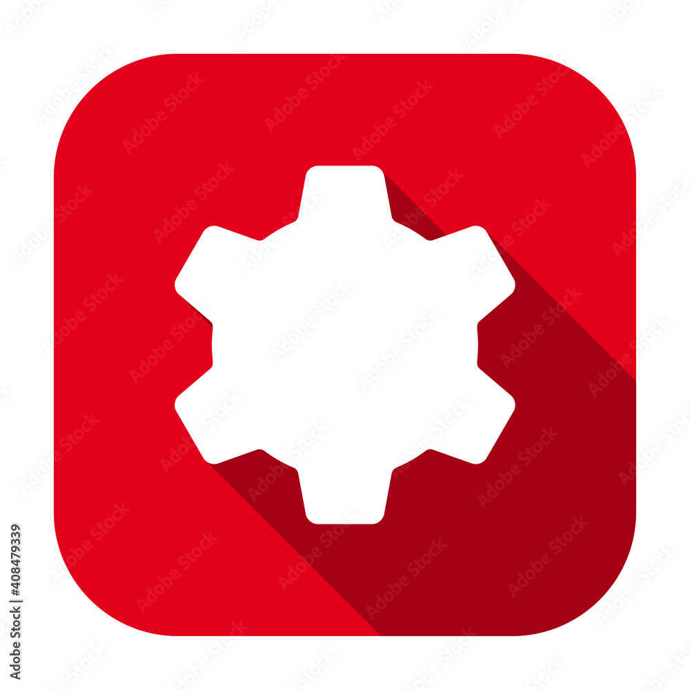 Poster red flat rounded square gear wheel icon, button with long shadow isolated on a white background. vec