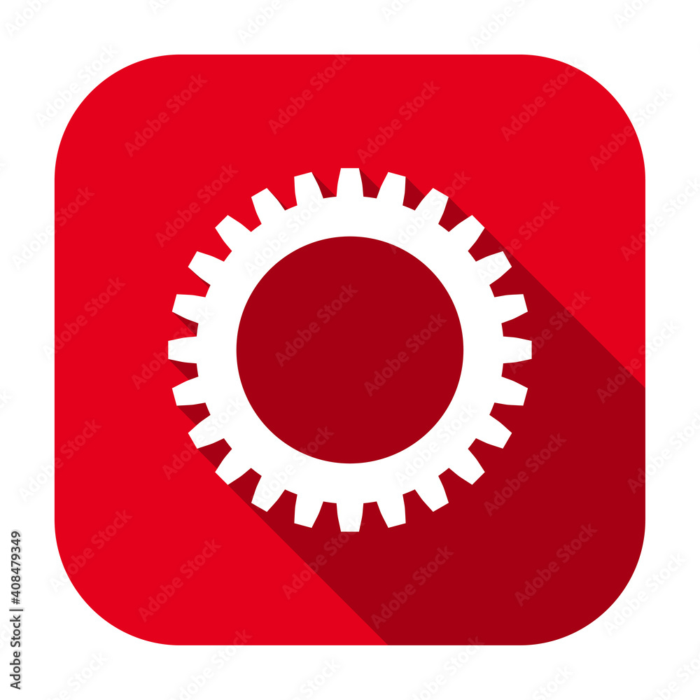 Poster red flat rounded square gear wheel icon, button with long shadow isolated on a white background. vec