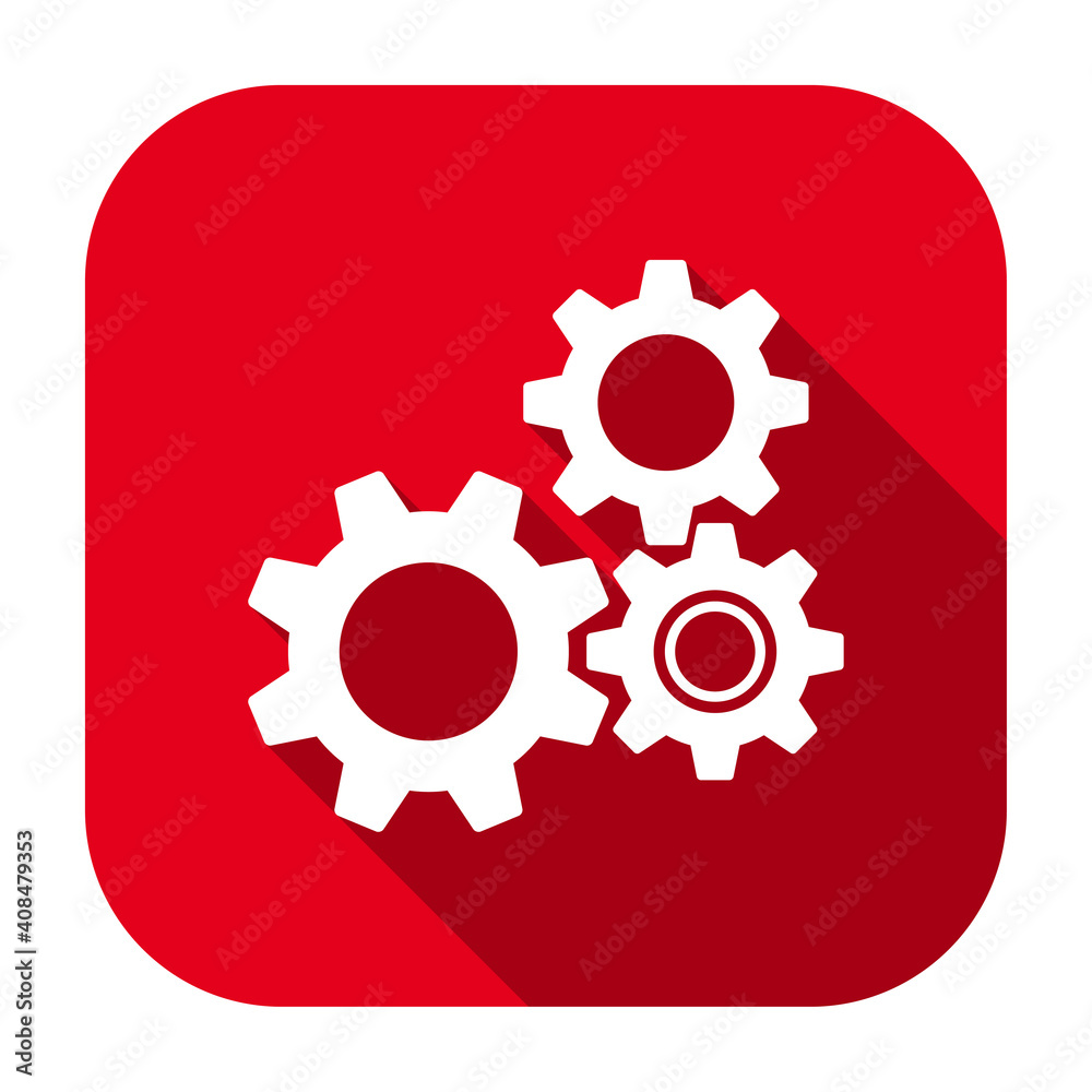 Poster red flat rounded square gear wheels icon, button with long shadow isolated on a white background. ve