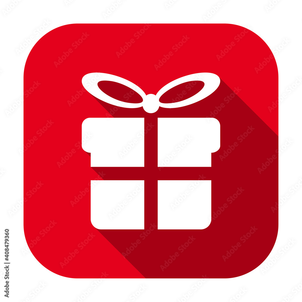 Poster red flat rounded square gift box with tied bow icon, button with long shadow isolated on a white bac