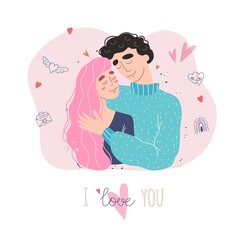Cute couple in love clipart. Happy family concept. Lovers man and woman in a relationship in love. Vector Valentine card