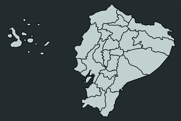 Contour vector map of Ecuador with the designation of the administrative borders of the regions on a dark background.