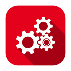 Red flat rounded square gear wheels icon, button with long shadow isolated on a white background. Vector illustration.