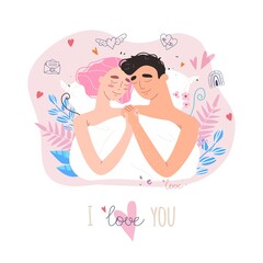Cute couple in love clipart. Happy family concept. Lovers man and woman in a relationship in love. Vector Valentine card