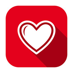 Red flat rounded square heart with outline icon, button with long shadow isolated on a white background. Vector illustration.