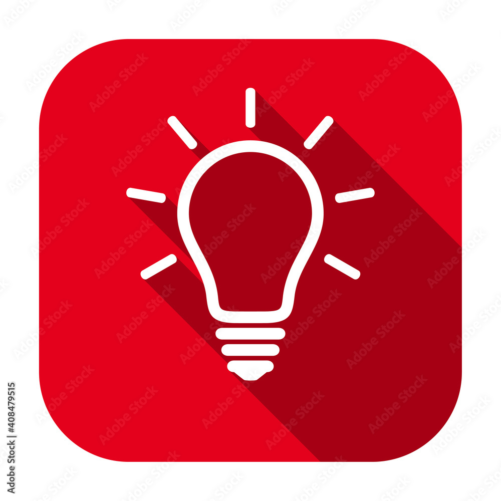 Aufkleber red flat rounded square glowing light bulb line icon, button with long shadow isolated on a white ba