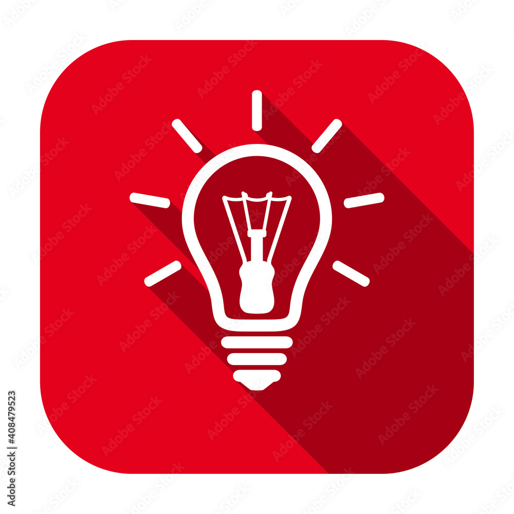 Poster red flat rounded square glowing light bulb line icon, button with long shadow isolated on a white ba