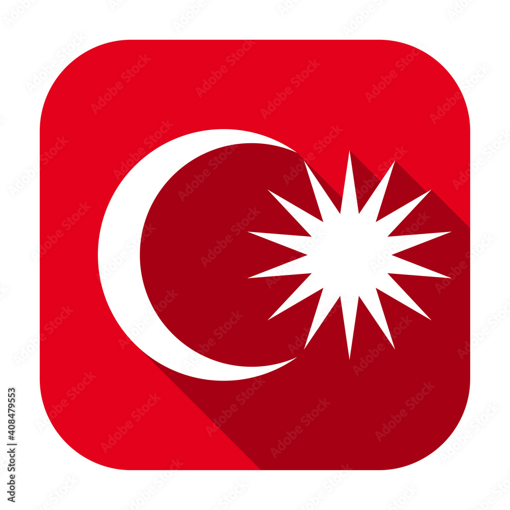Poster red flat rounded square national emblem of malaysia icon, button with long shadow isolated on a whit