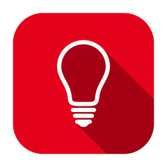 Red flat rounded square light bulb line icon, button with long shadow isolated on a white background. Vector illustration.