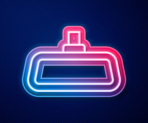 Glowing neon line Car mirror icon isolated on blue background. Vector.