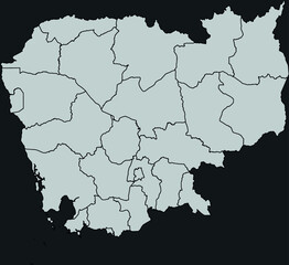 Contour vector map of Cambodia with the designation of the administrative borders of the regions on a dark background.