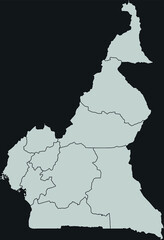 Contour vector map of Cameroon with the designation of the administrative borders of the regions on a dark background.
