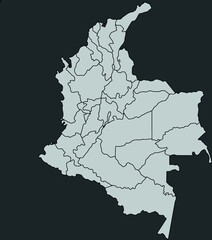 Contour vector map of Colombia with the designation of the administrative borders of the regions on a dark background.