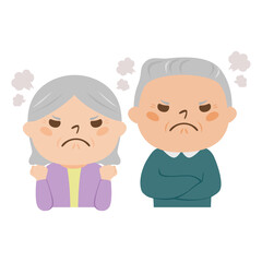 老夫婦のイラスト。喧嘩または問題があって怒っているシニアの男性と女性。
