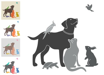 Vector illustration with a group of pets for your design. Black and white and four color options. All animals are drawn separately - you can move, delete some of them.  - 408480796