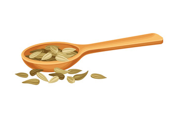 Dried Fennel Fruit as Aromatic Anise-flavored Spice in Wooden Spoon Vector Illustration