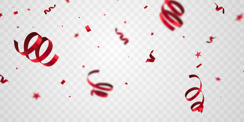 Celebration background template with confetti red ribbons. luxury greeting rich card.