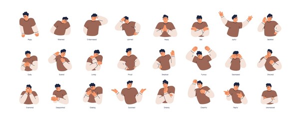 Set of different emotions of people. Man expressing his positive and negative feelings with gestures and facial expressions. Angry, worried, happy and surprised guy. Colored flat vector illustration - obrazy, fototapety, plakaty