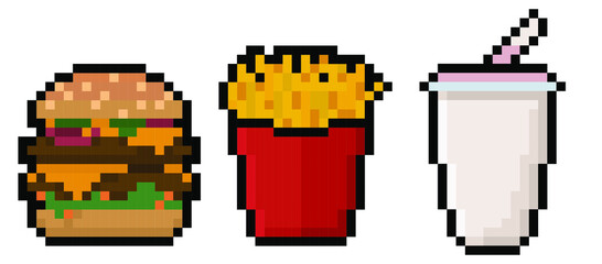 Set of pixel fast food items - hamburger, french fries, and a milkshake