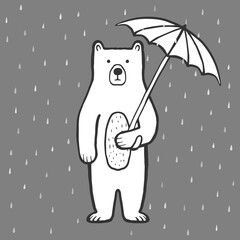 Cute bear with umbrella. Rain. Doodle, sketch, childish illustration. Cartoon character of a bear. Hand drawn children's print, vector outline for packaging, fabric, textile. Childishly drawn