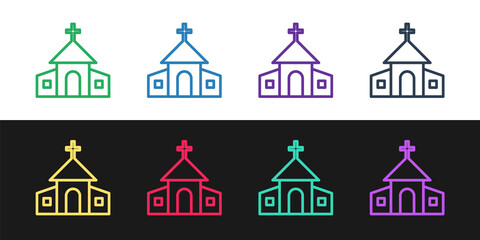 Set line Church building icon isolated on black and white background. Christian Church. Religion of church. Vector.
