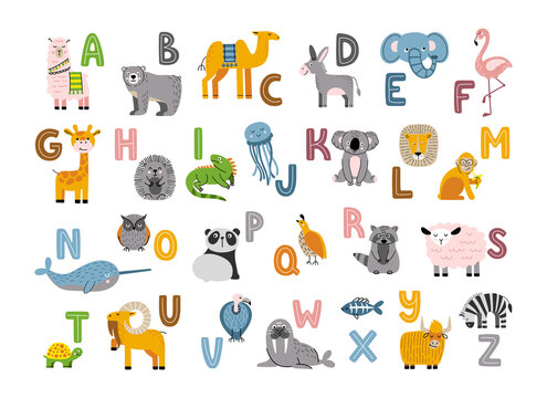 Alphabet with cute and funny animals. Cartoon zoo with letters for kids education. Cartoon vector illustration.