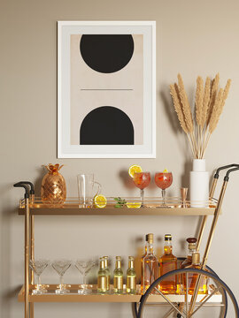 3d render of a modern brass masculine mini bar trolley cart with glasses, drinks, a minimal art frame and a vase with dried flowers
