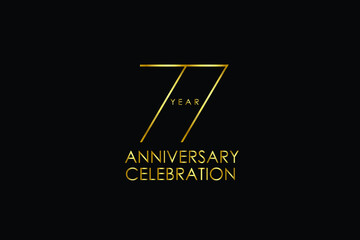 Luxury Black Gold 77 years anniversary, minimalist logo years, jubilee, Ribbon greeting card. Birthday invitation. Gold space vector illustration on black background - Vector
