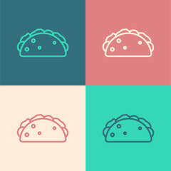 Pop art line Taco with tortilla icon isolated on color background. Traditional mexican fast food menu. Vector.