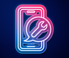 Glowing neon line Mobile phone with wrench icon isolated on blue background. Adjusting, service, setting, maintenance, repair. Vector.