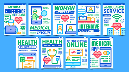 Telemedicine Creative Promotion Posters Set Vector. Medical Check In And Check Up, Online Conference And Rx Prescription Telemedicine Advertising Banners. Concept Template Style Color Illustrations