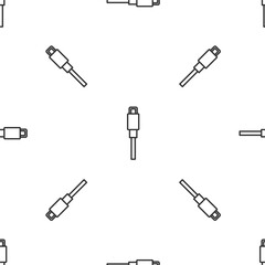 Grey line USB cable cord icon isolated seamless pattern on white background. Connectors and sockets for PC and mobile devices. Vector.