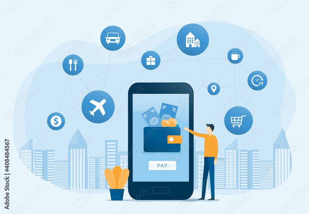 Poster flat vector illustration design mobile wallet and mobile payment concept with design concept for technology digital smart device service online on business 