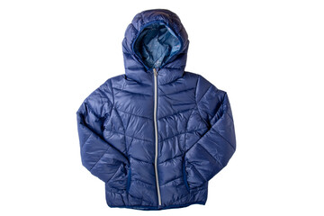 Winter jacket isolated. A stylish cosy warm blue down jacket for kids isolated on a white...