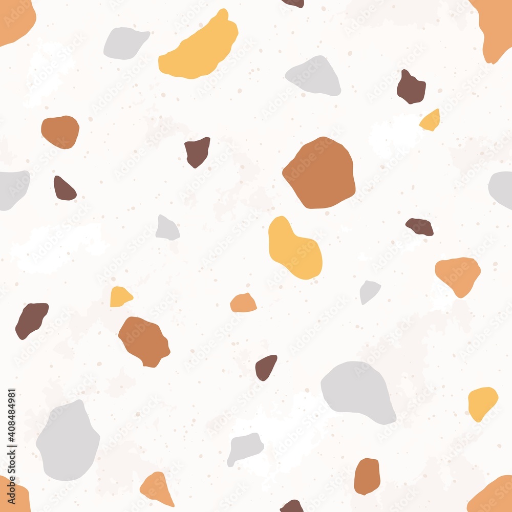Poster Venetian terrazzo seamless pattern. Modern abstract endless texture with small fragments of stones. Trendy floor tile with repeatable geometric organic irregular shapes. Colorful vector illustration