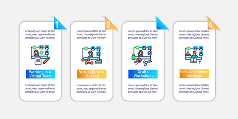 Meeting together vector infographics. Online conference for friends .Remote video communication template for presentations ,workflow layout, info chart, banner. Mobile app pages screen with 4 concepts